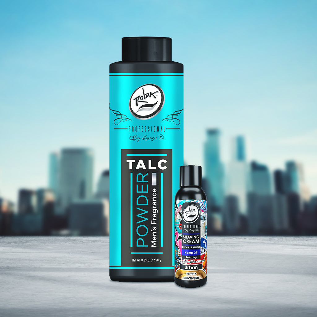 Rolda - Kit Cuidado Diario Masculino, Talco Perfumado + Crema de Afeitar con Hemp Oil para una piel fresca, protegida y sin irritaciones.